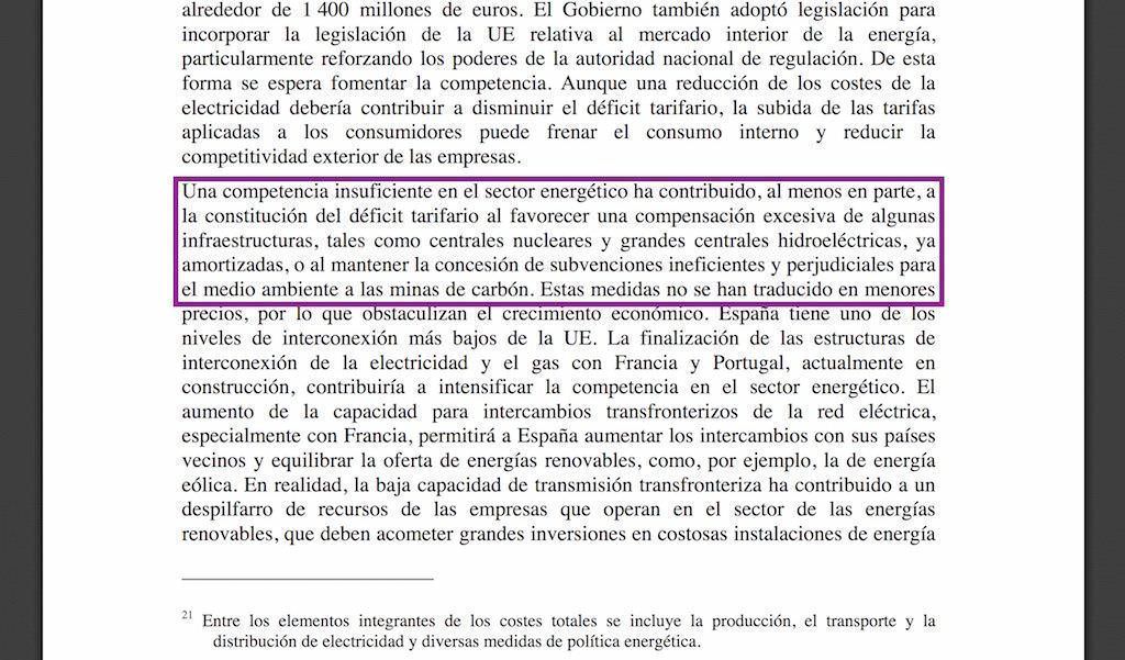 extracto del informe de la UE sobre deficit tarifa