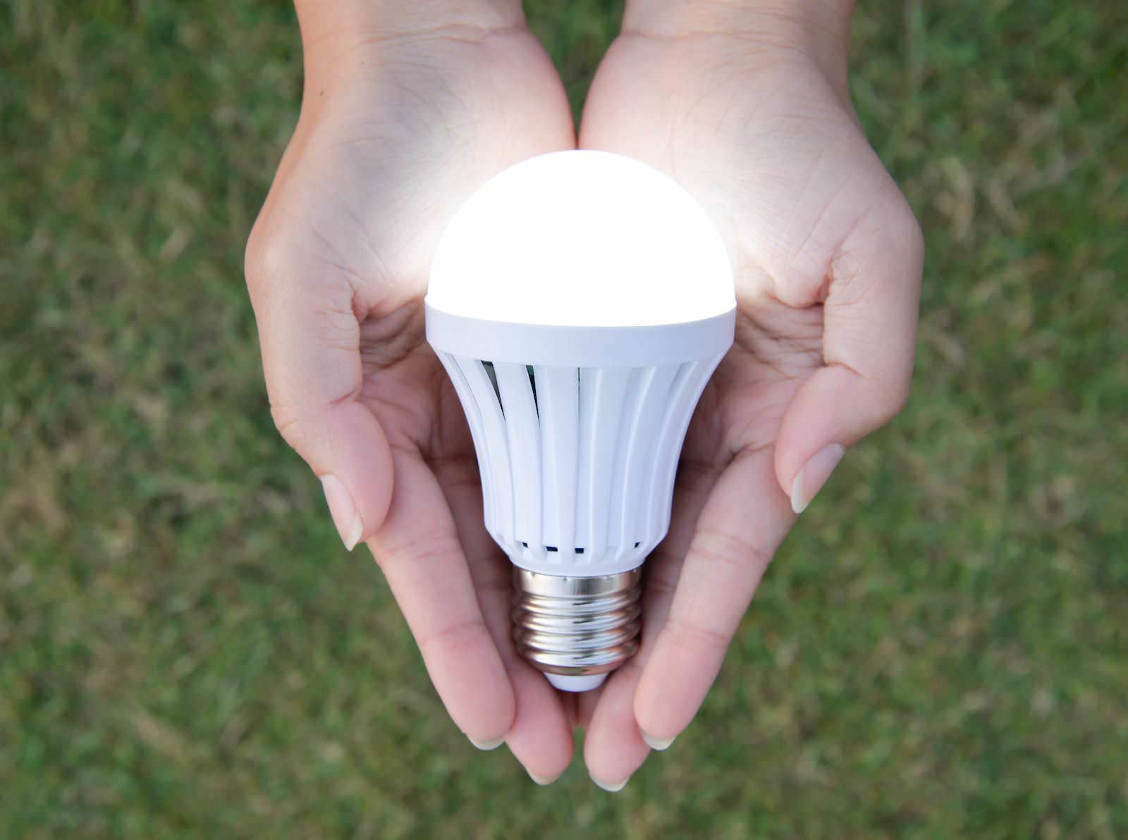 Bombilla LED iluminada y sostenida por dos manos abiertas sobre césped