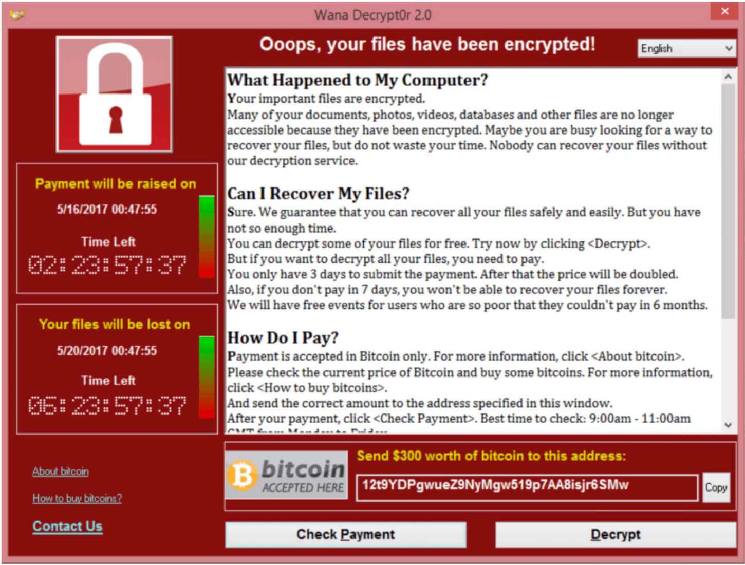 Pantallazo de ordenador con virus wannacry