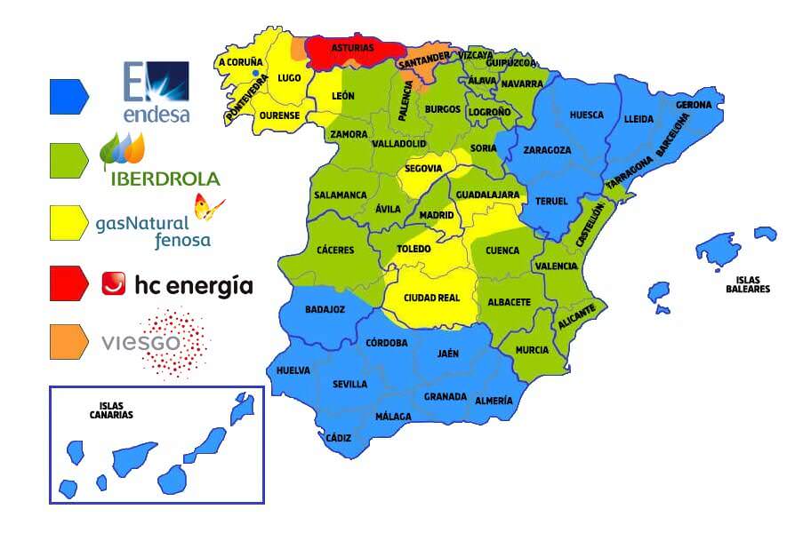mapa del gran beneficio de las compañías Distribuidoras eléctricas en España debido al oligopolio