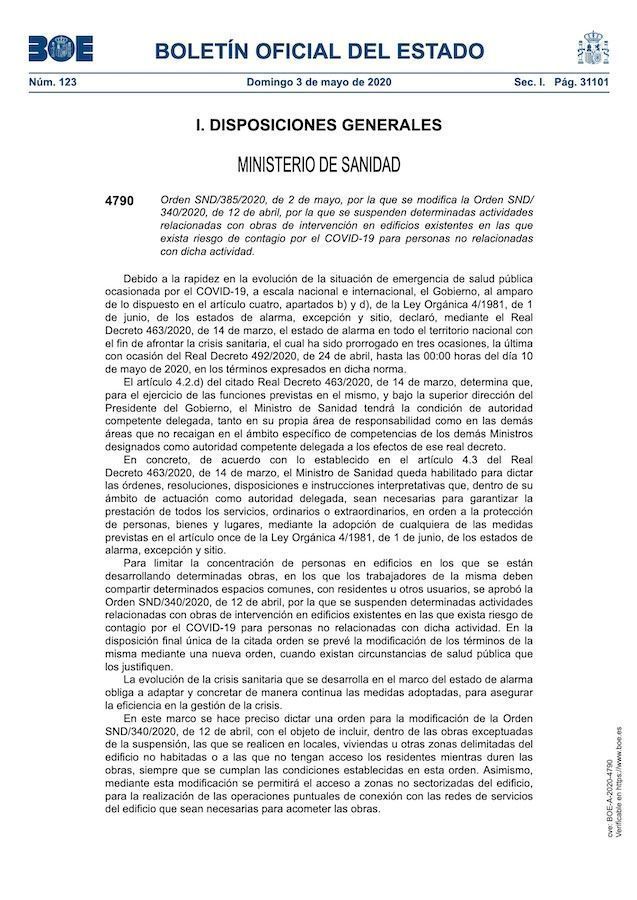 BOE donde se publica la Orden SND/385/2020 del 2 de mayo que amplia las obras de reforma