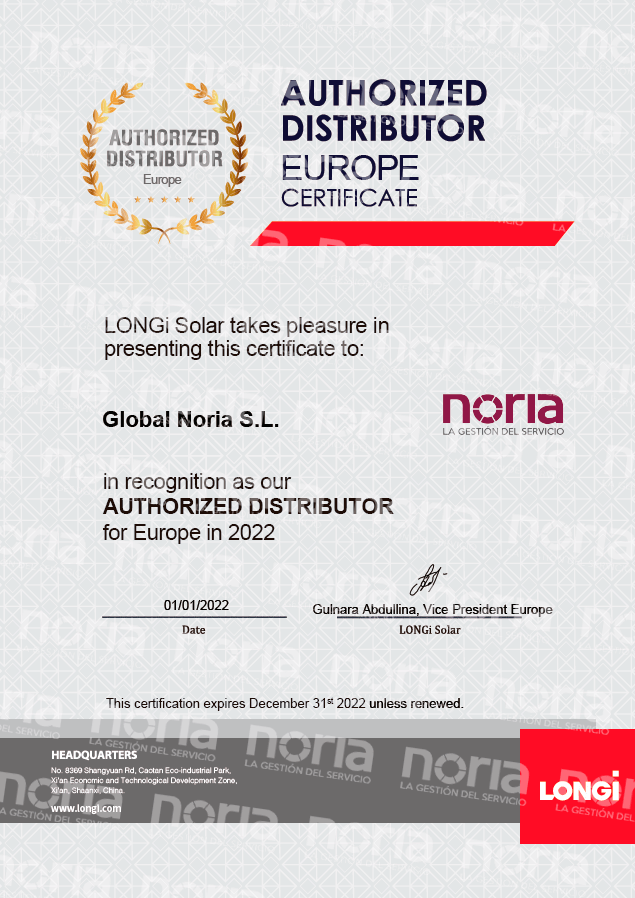Grupo Noria, certificado como distribuidor oficial de Longi en Europa