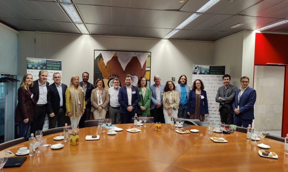 todos los participantes en el debate sobre la actualidad del vehículo eléctrico, posan antes del comienzo del mismo