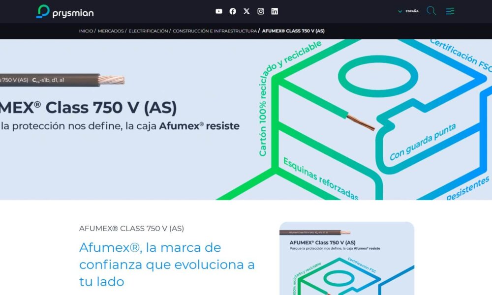 Prysmian adopta un diseño más eficiente y sostenible para Afumex® Class y Exzhellent® Class 750 V (AS)